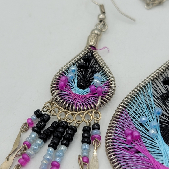 Boho Thread Art Necklace & Earrings Set Beaded Fringe Festival Jewelry Vintage - Picture 9 of 14